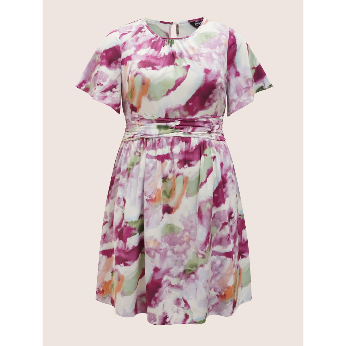 Plus Size Watercolor Floral Print Ruched Ruffle Sleeve Dress Lilac Women Elegant Gathered Round Neck Short sleeve Curvy BloomChic 30/6X Product Image