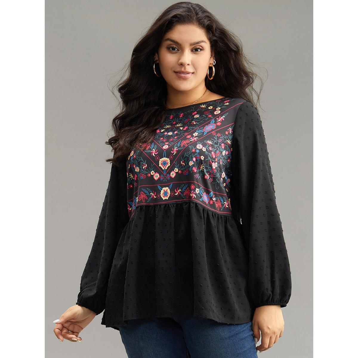 Plus Size Black Boho Print Patchwork Lantern Sleeve Gathered Blouse Women Vacation Long Sleeve Round Neck Dailywear Blouses BloomChic 30/6X Product Image