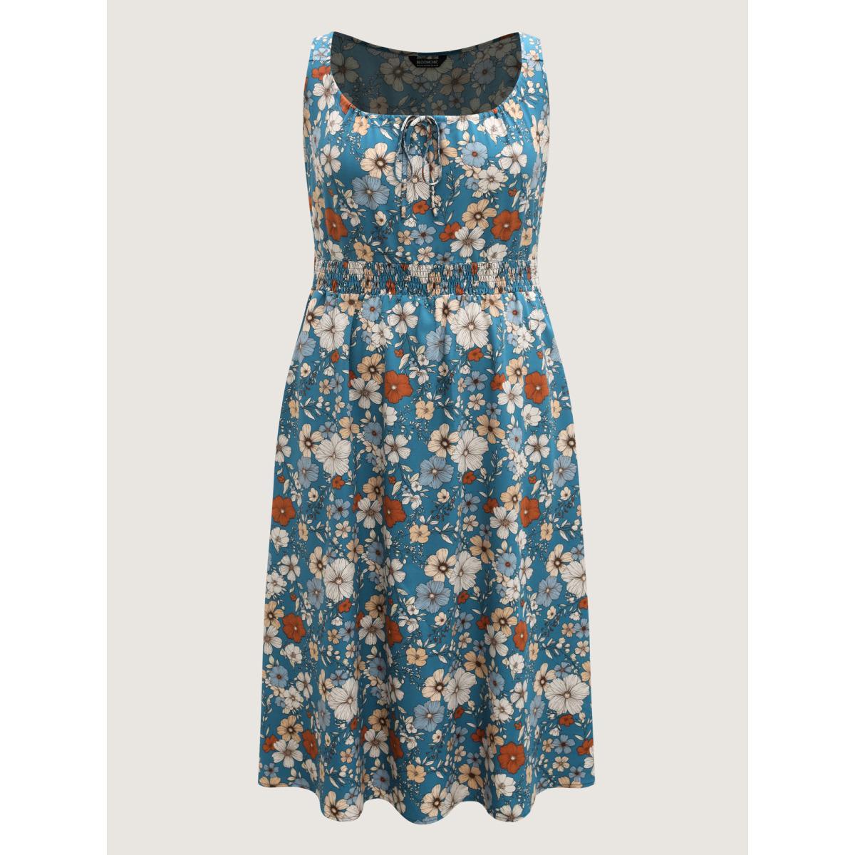 Plus Size Floral Print Shirred Waist Midi Dress Mediumblue Women Square Neck Sleeveless Curvy BloomChic 14-16/1X Product Image