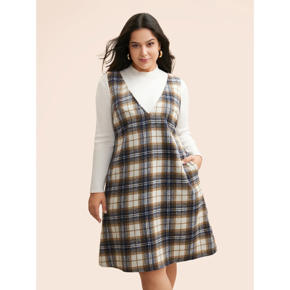 Plus Size Plaid V Neck Sleeveless Dress Multicolor Women Elegant Texture Deep V-neck Sleeveless Curvy BloomChic 10/M Product Image