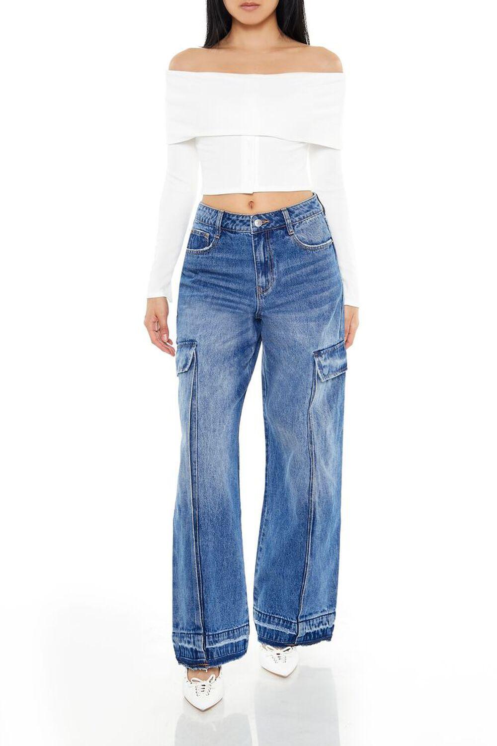 Frayed Wide-Leg Cargo Jeans | Forever 21 Product Image