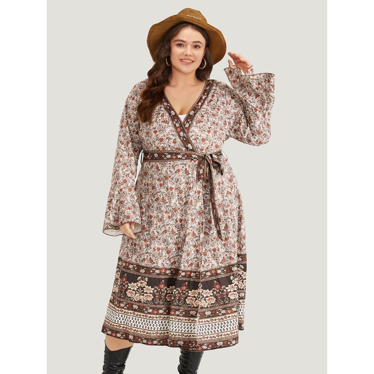 Plus Size Bandana Print Belted Open Front Bell Sleeve Kimono Women Maroon Resort Belted Loose Belt Vacation Kimonos BloomChic 10/M Product Image