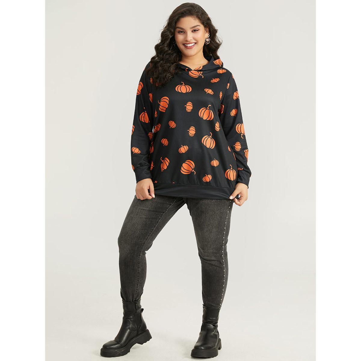 Plus Size Pumpkin Print Hooded Sweatshirt Women Black Casual Elastic cuffs Hooded Festival-Halloween Sweatshirts BloomChic 26/4X Product Image