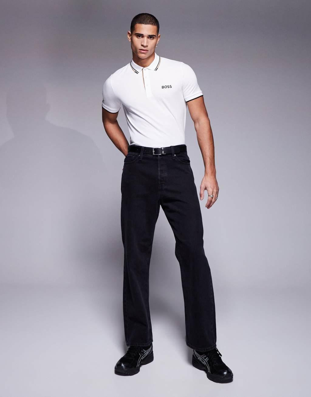 BOSS Green Paddy Pro tipped pique polo regular fit in cream Product Image