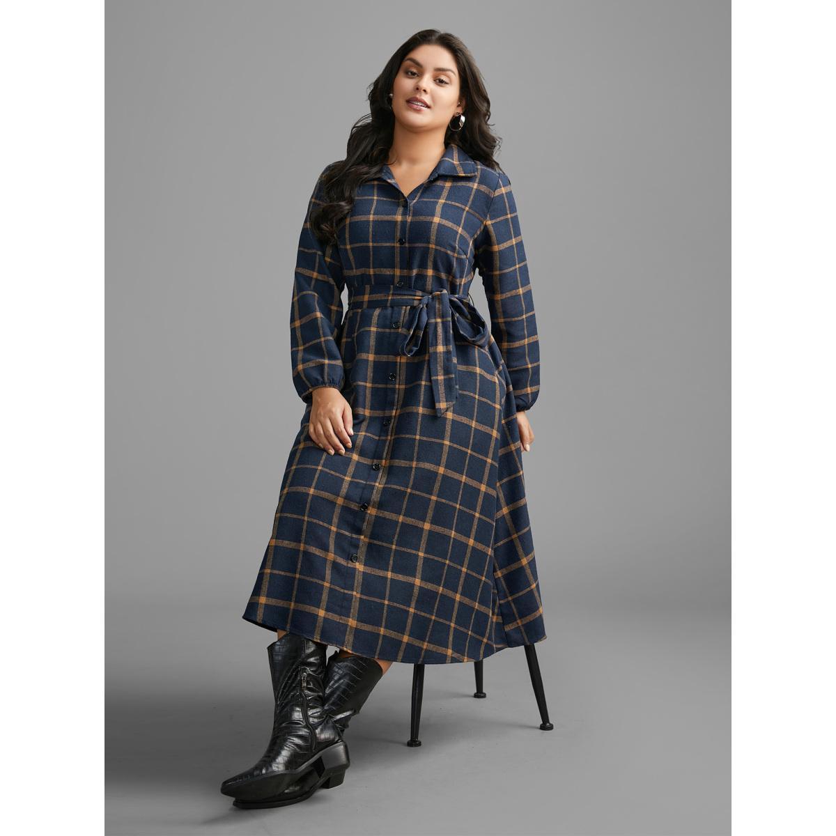 Plus Size Plaid Button Through Belted Dress DarkBlue Women Casual Belted Shirt collar Long Sleeve Curvy BloomChic 12/L Product Image