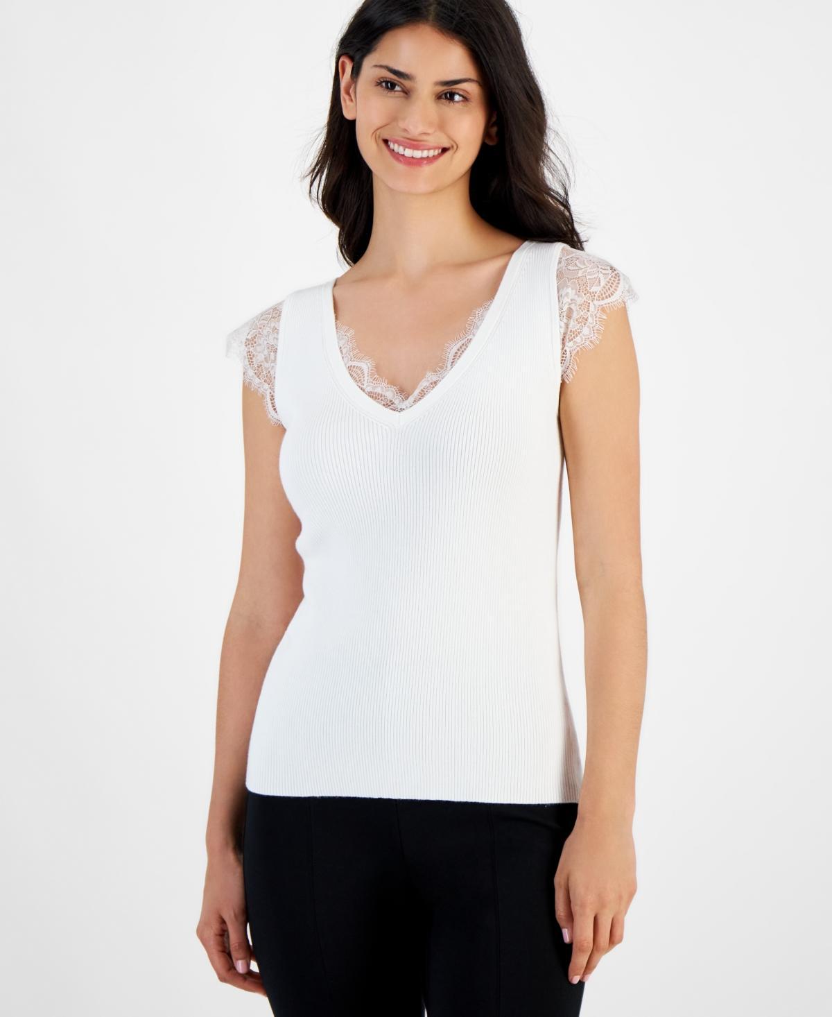 T Tahari Womens Ribbed Lace-Trim Cap-Sleeve Sweater Product Image