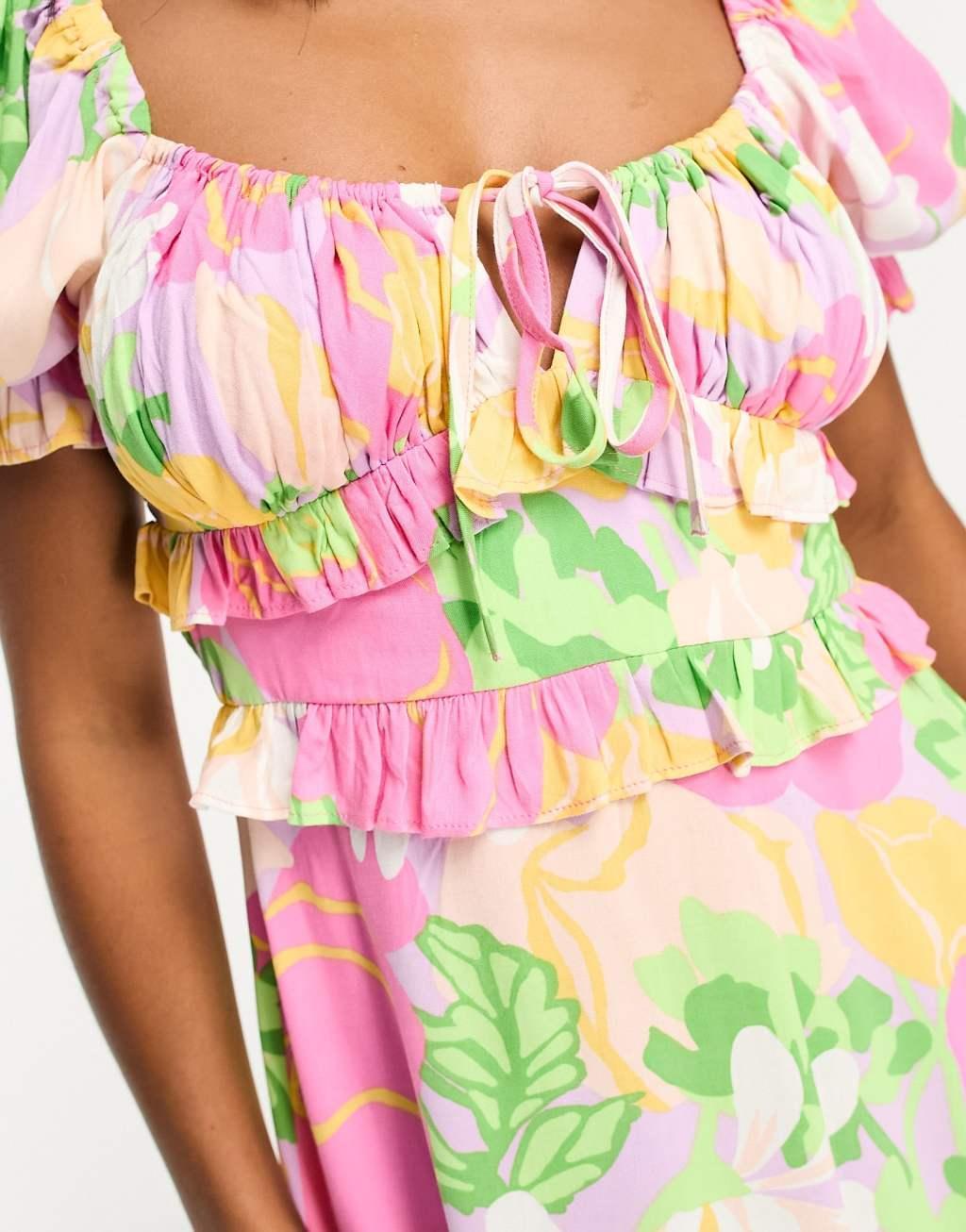 Miss Selfridge Petite milkmaid frill detail mini tea dress in pink oversized floral   Product Image