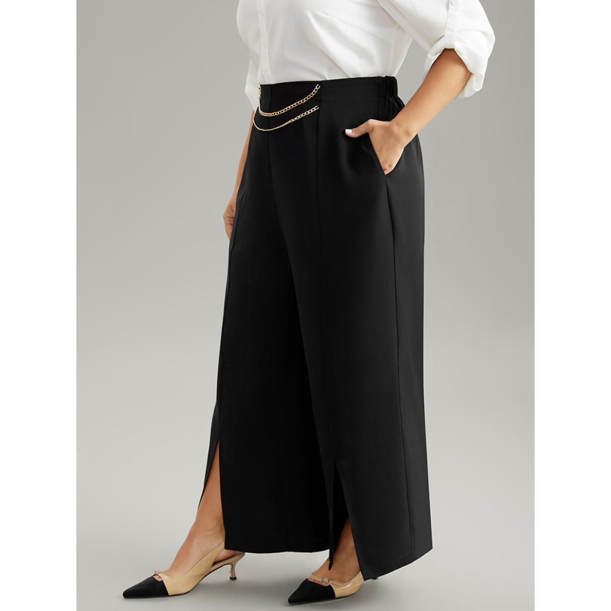 Plus Size Static-Free Metal Chain Detail Split Hem Pants Women Black At the Office Straight Leg High Rise Work Pants BloomChic 10/M Product Image