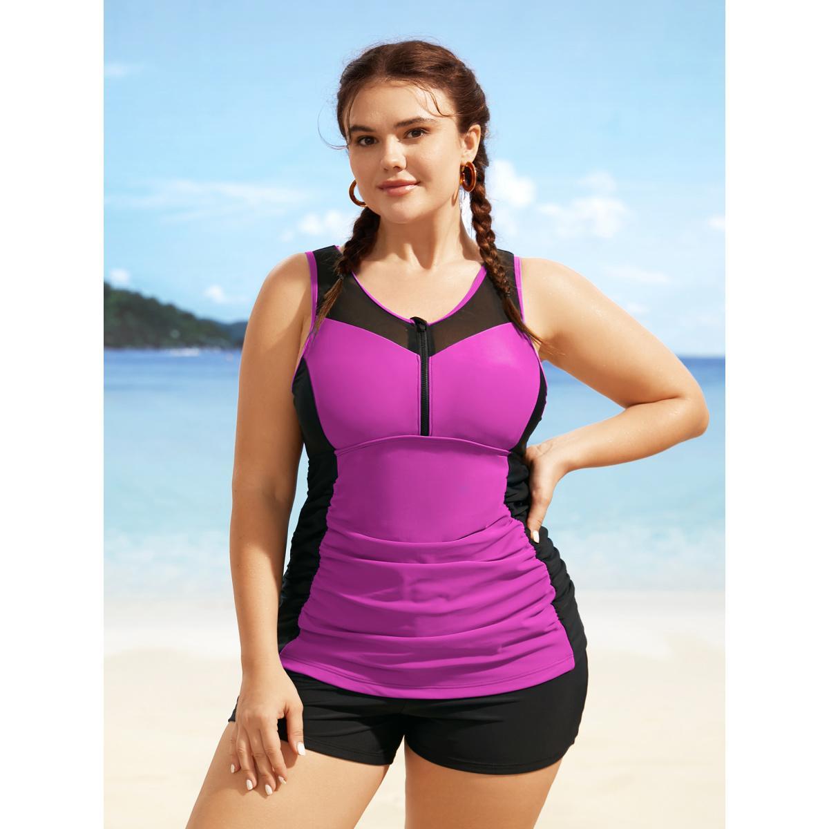 Plus Size Contrast Patchwork Gathered Half Zip Swim Top Women's Swimwear RedViolet Beach Gathered High stretch Skinny Round Neck Curve Swim Tops BloomChic 26/4X Product Image