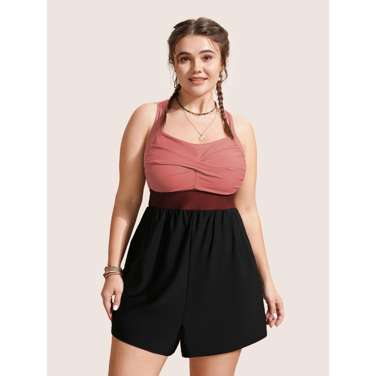 Plus Size Patchwork Contrast Crossover One Piece Swimsuit Women's Swimwear Rust Beach Twist Curve Bathing Suits High stretch One Pieces BloomChic 28/5X Product Image