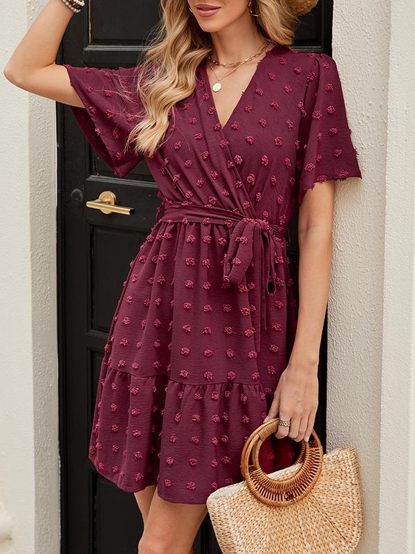 A-Line Flared Sleeves Jacquard Pleated Solid Color Tied Waist V-Neck Mini Dresses Product Image