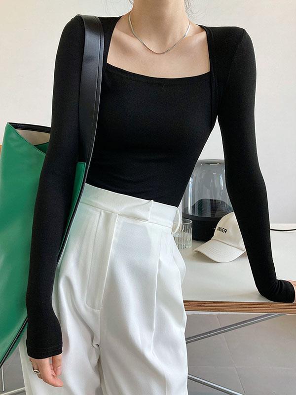 Long Sleeves Skinny Solid Color Square-Neck T-Shirts Tops Product Image