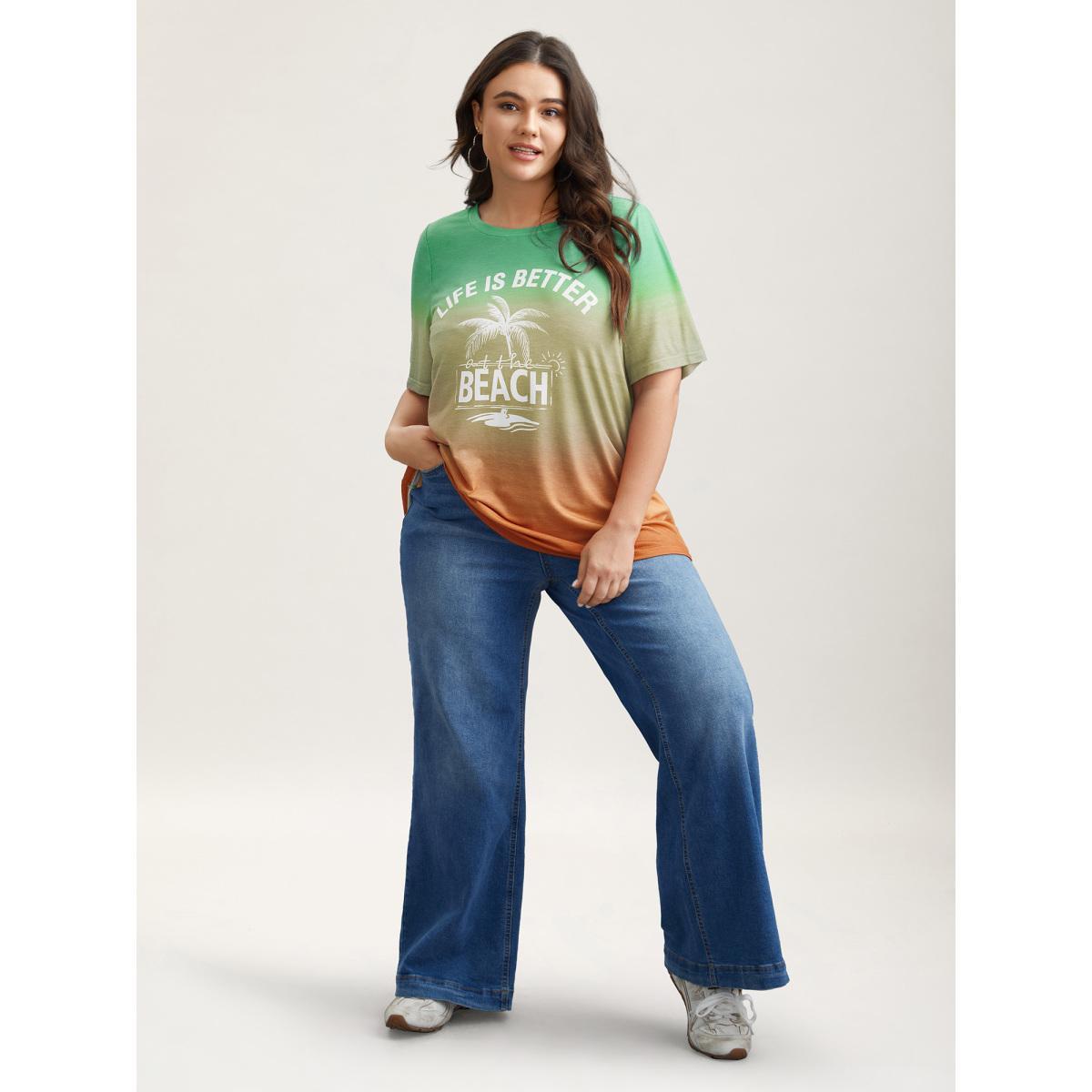 Plus Size Gradient Beach Print Fitted T-Shirt Malachitegreen Women Casual Contrast Tropical Round Neck Everyday T-shirts BloomChic 18-20/2X Product Image