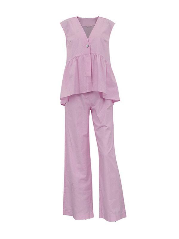Loose Split-Joint Sleeveless Pleated V-Neck Vest + Pants Trousers Two Pieces Set Product Image