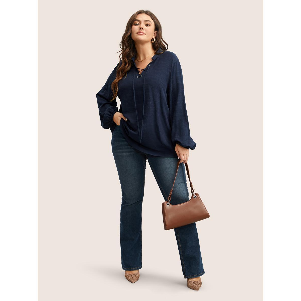 Plus Size Scarlet Plain Lace Up Lantern Sleeve Blouse Women Casual Long Sleeve Shirt collar Everyday Blouses BloomChic 10/M Product Image