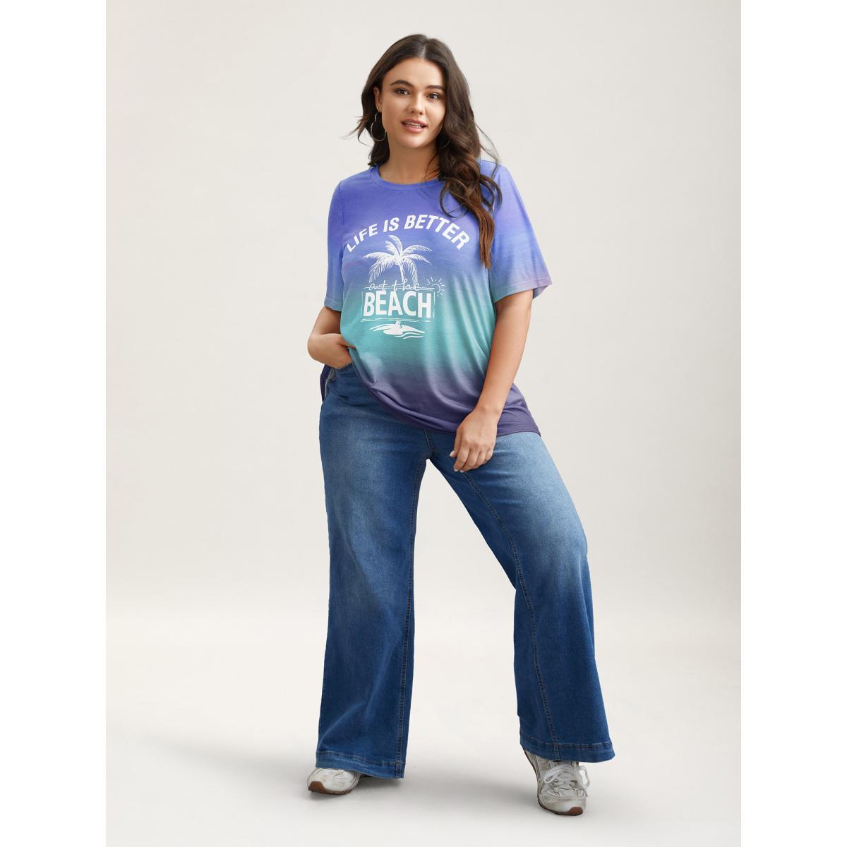 Plus Size Gradient Beach Print Fitted T-Shirt DarkBlue Women Casual Contrast Tropical Round Neck Everyday T-shirts BloomChic 14-16/1X Product Image