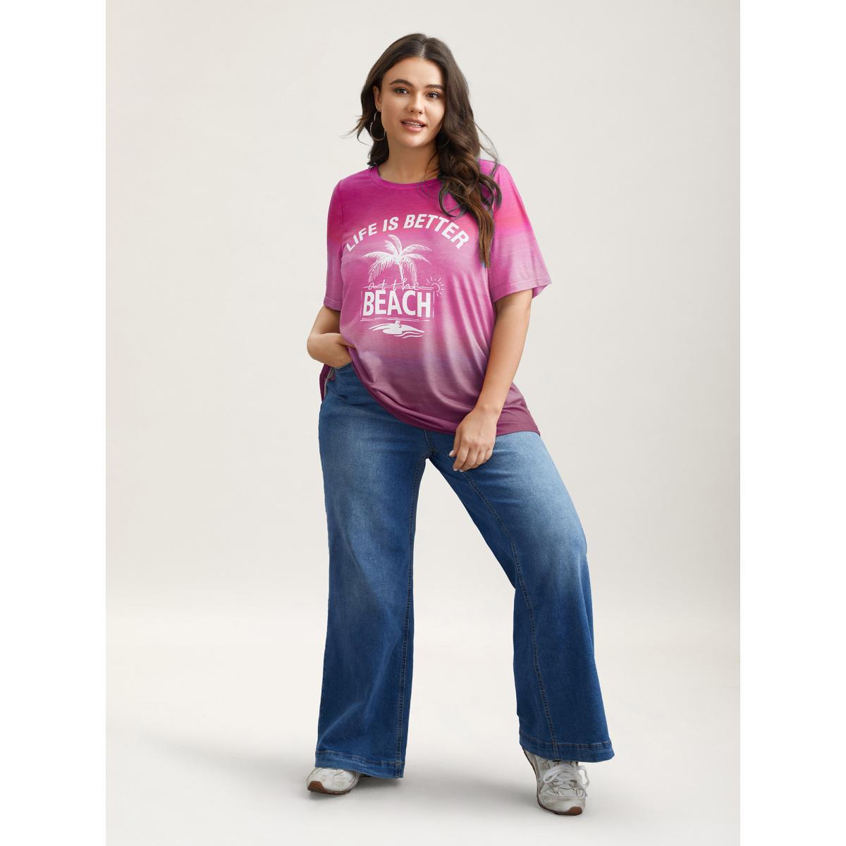 Plus Size Gradient Beach Print Fitted T-Shirt Plum Women Casual Contrast Tropical Round Neck Everyday T-shirts BloomChic 12/L Product Image