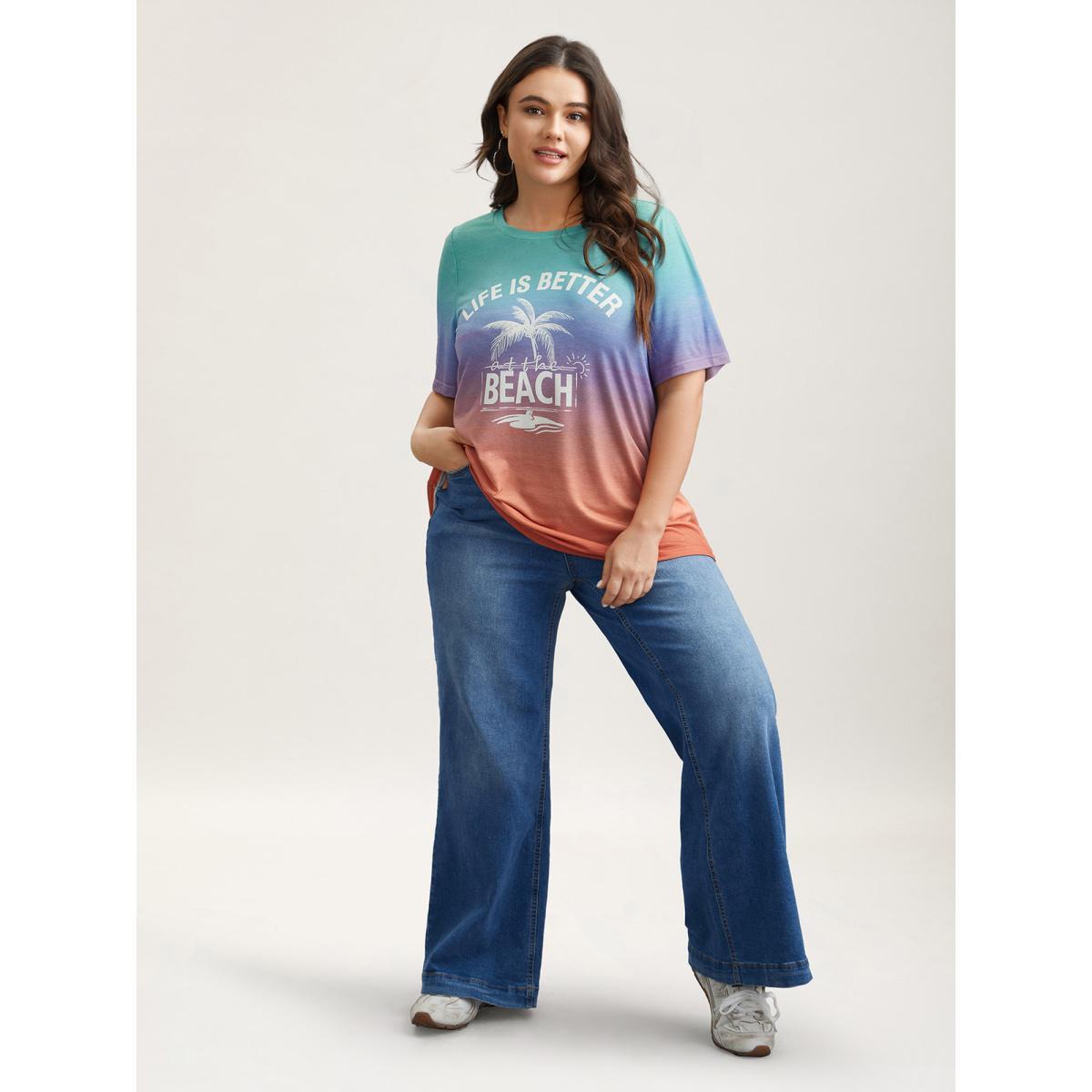 Plus Size Gradient Beach Print Fitted T-Shirt Multicolor Women Casual Contrast Tropical Round Neck Everyday T-shirts BloomChic 14-16/1X Product Image