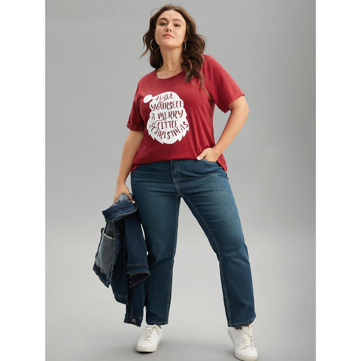 Plus Size Christmas Print Round Neck Roll Sleeve T-shirt Raspberry Women Casual Printed Christmas Festival-Christmas T-shirts BloomChic 30/6X Product Image