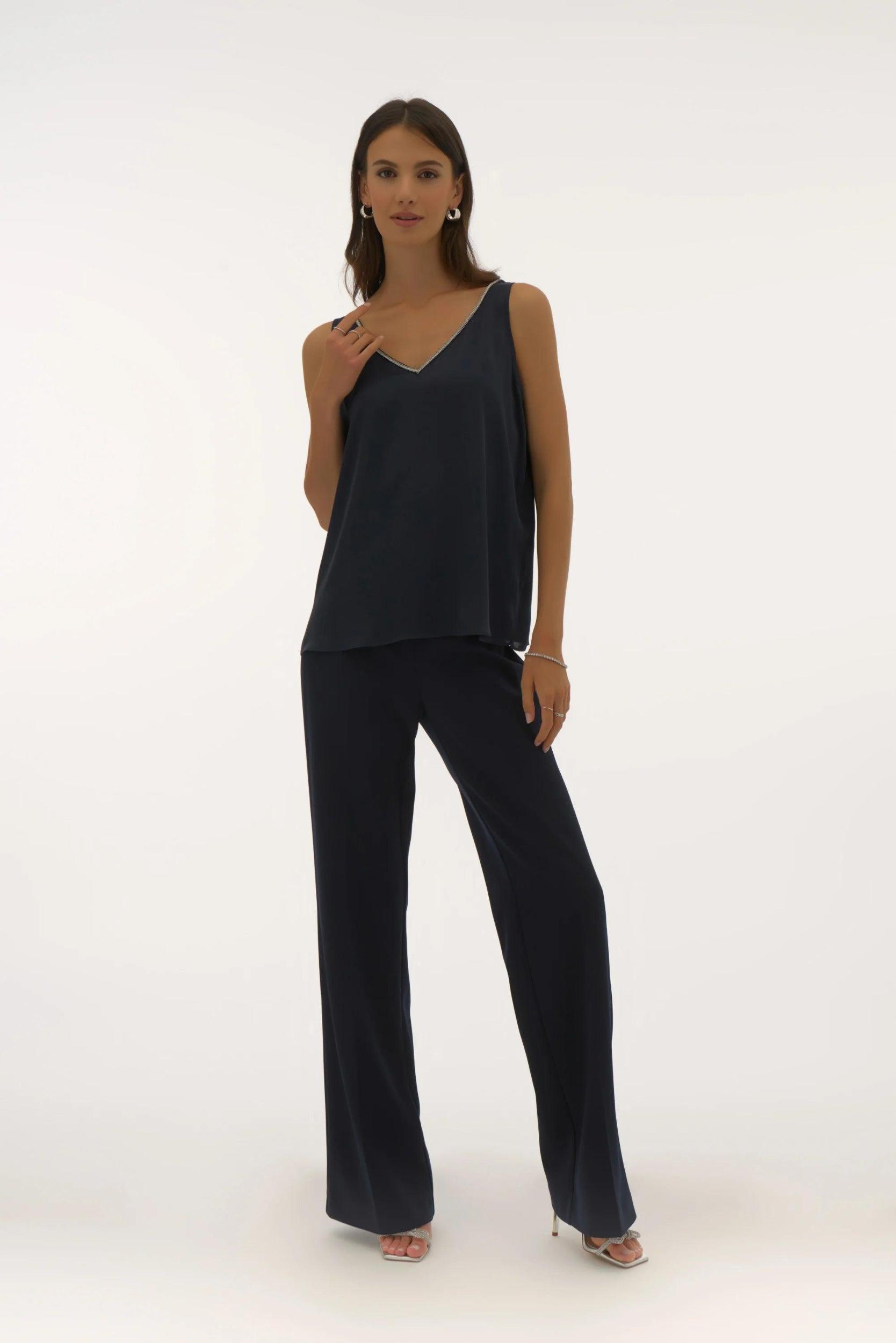 Satin Sleeveless Top with Rhinestone Trim- Midnight Product Image