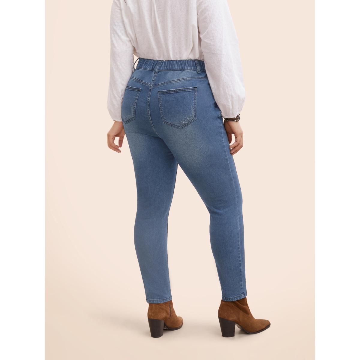 Plus Size Stretch Denim Pocket Distressing Slim-Fit Jeans Women Denimblue Casual Button Medium stretch Slanted pocket Jeans BloomChic 14/1X Product Image