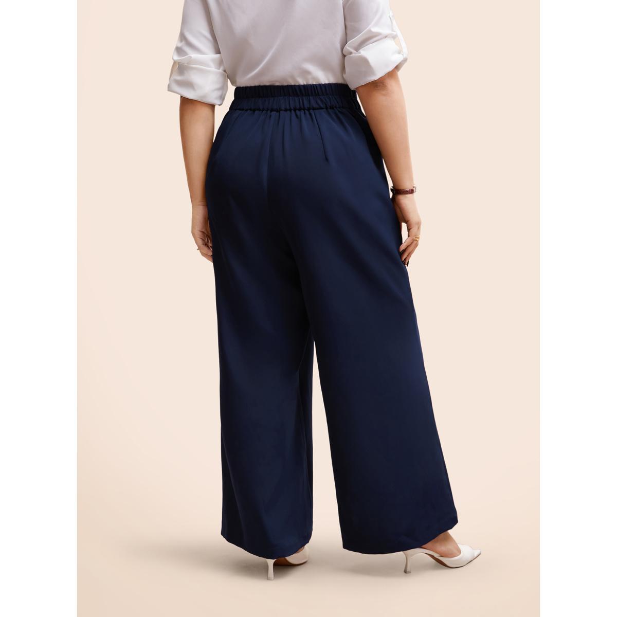 Plus Size Stretch Woven Metal Buckle Wide Leg Pants Women Indigo At the Office Wide Leg Mid Rise Work Pants BloomChic 30/6X Product Image