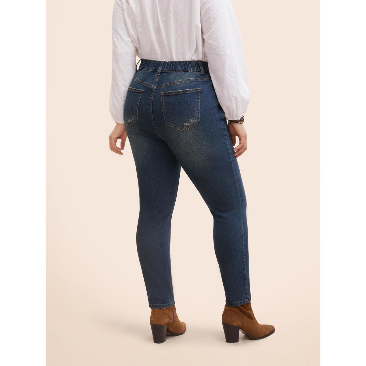 Plus Size Stretch Denim Pocket Distressing Slim-Fit Jeans Women Bluevintage Casual Button Medium stretch Slanted pocket Jeans BloomChic 30/6X Product Image