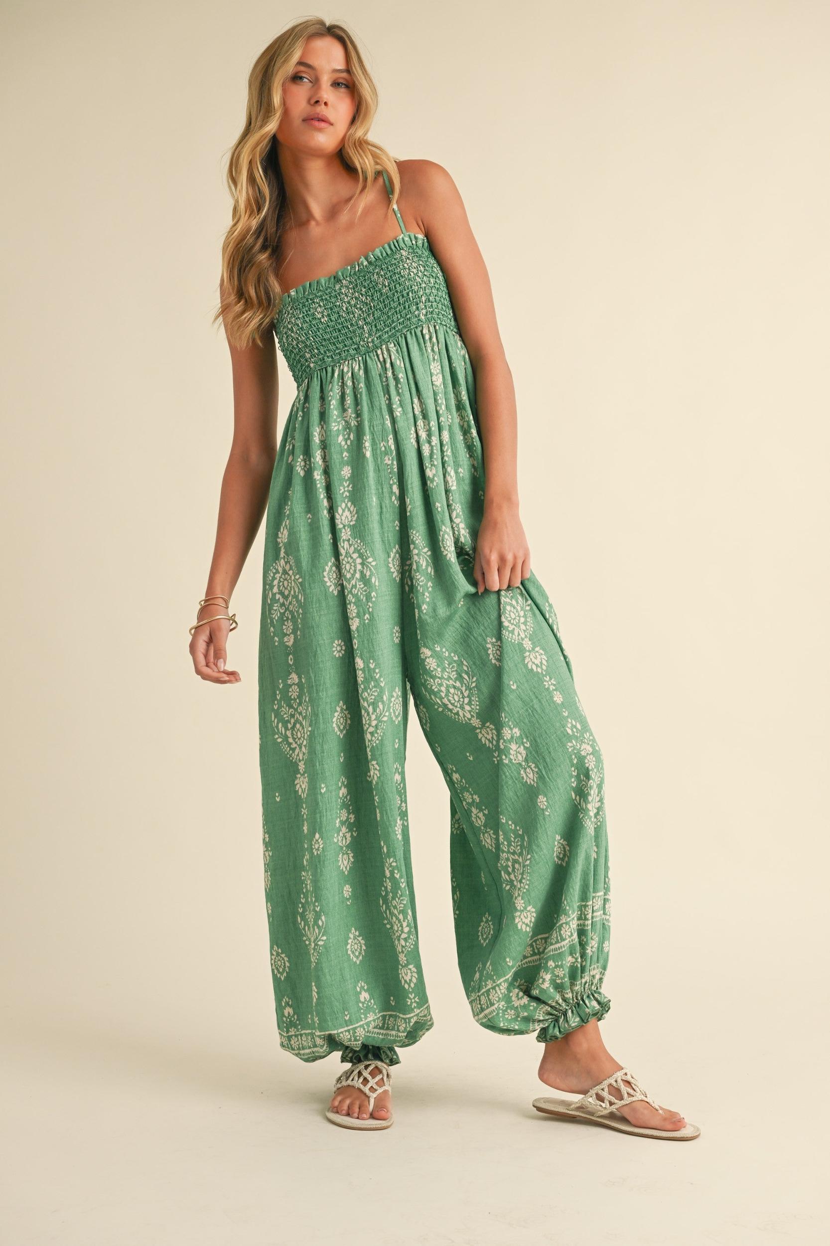 Smocked Strap Tie Wide Leg Boho Jumpsuit Product Image