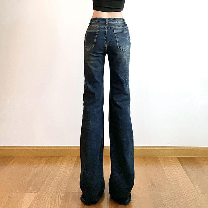 Low Waist Graphic Print Slim-Fit Boot-Cut Jeans Product Image