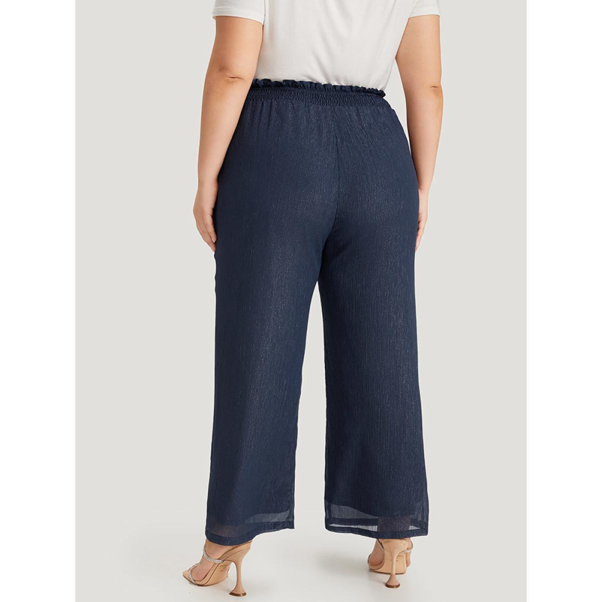 Plus Size Plain Glitter Shirred Waist Pocket Pants Women Indigo Glamour High Rise Going out Pants BloomChic 12/L Product Image