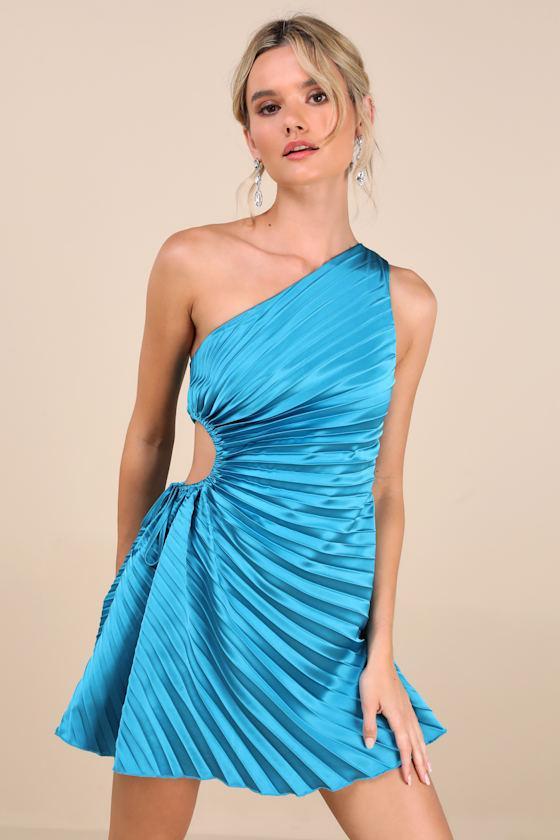 Constantly Poised Teal Satin Pleated One-Shoulder Mini Dress Product Image