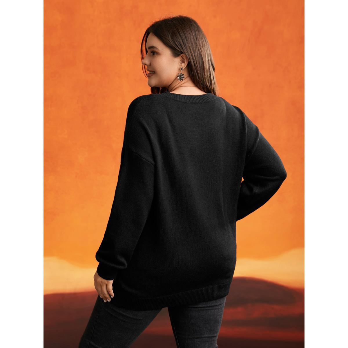 Plus Size Embroidered Cat In Pumpkin Crew Neck Pullover Black Women Casual Long Sleeve Round Neck Everyday Pullovers BloomChic 14-16/1X Product Image