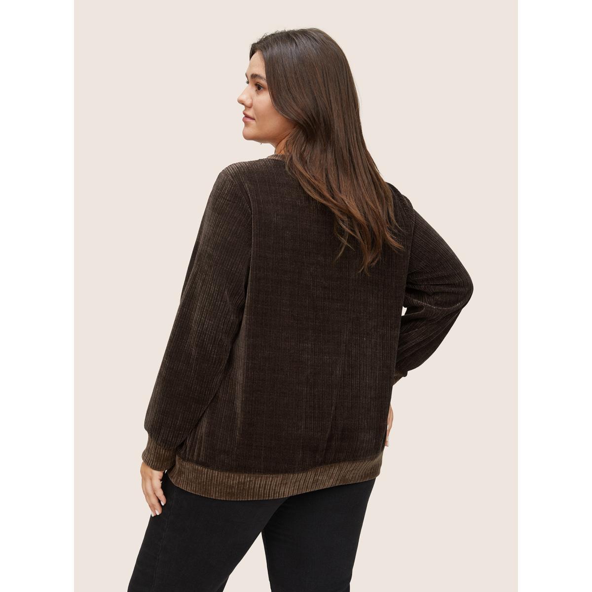 Plus Size Chenille Plisse Patchwork Button Detail Sweatshirt Women DarkBrown Casual Texture Round Neck Everyday Sweatshirts BloomChic 12/L Product Image
