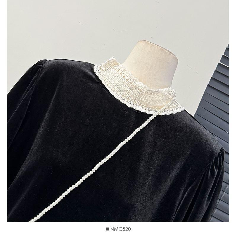 Lace-Trim Loose Velvet Blouse Product Image