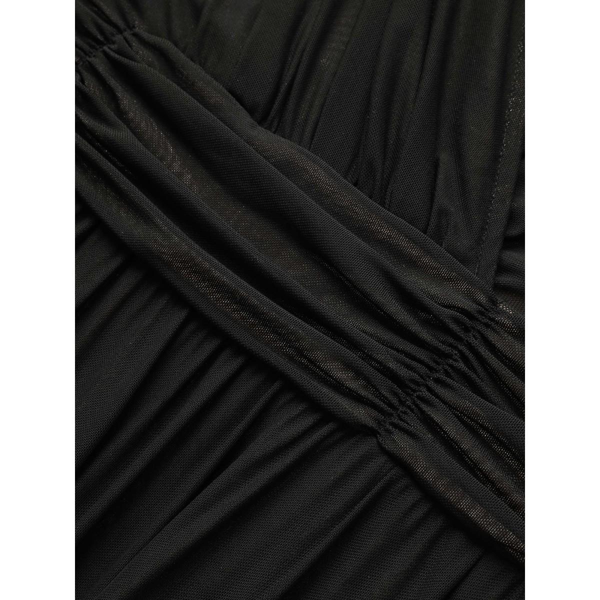 Plus Size Solid Mesh Ruched Midi Tank Dress Black Women Cocktail V-neck Sleeveless Curvy BloomChic 28/5X Product Image