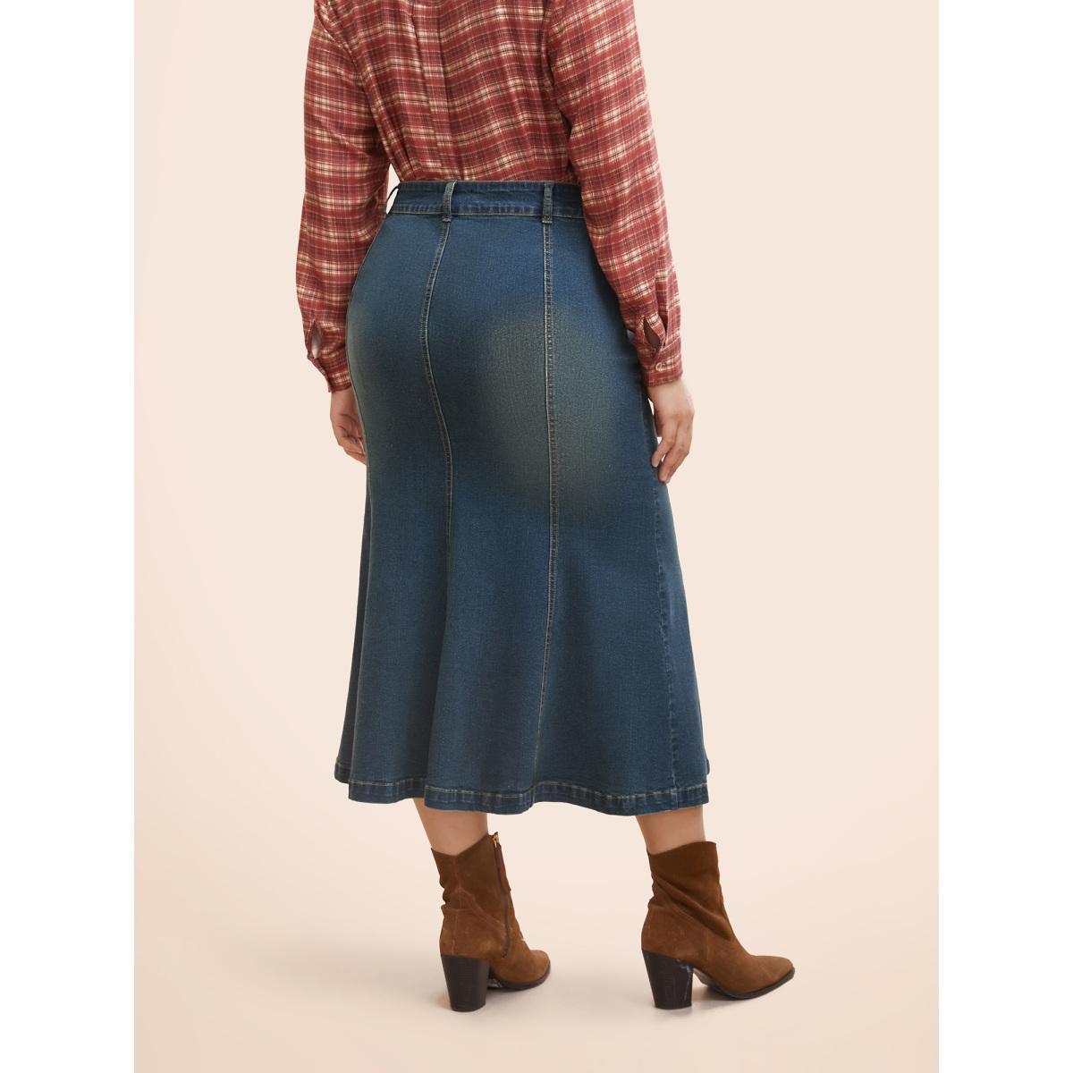 Plus Size Stretch Denim Mermaid Cut Skirt Women Bluevintage Everyday Button Medium stretch Medium Wash 24/3X Casual Denim Skirts BloomChic Product Image