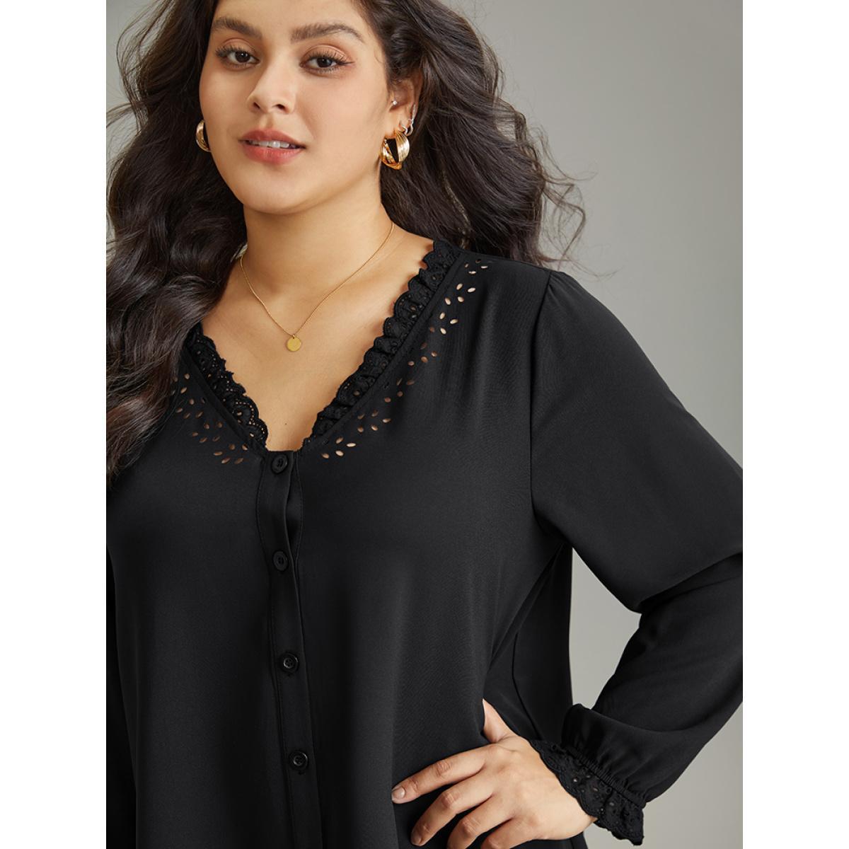 Plus Size Black Guipure Lace Laser Cut Patchwork Lantern Sleeve Blouse Women Elegant Long Sleeve V-neck Everyday Blouses BloomChic 26/4X Product Image