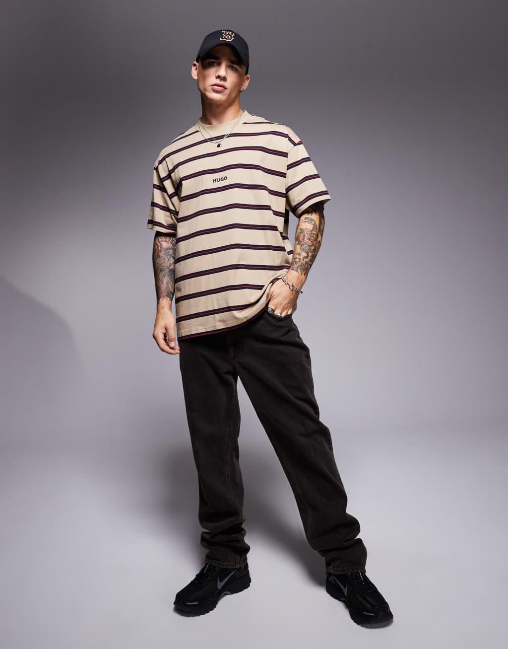 HUGO Blue nistripo oversized t-shirt in beige and dark blue horizontal stripe Product Image