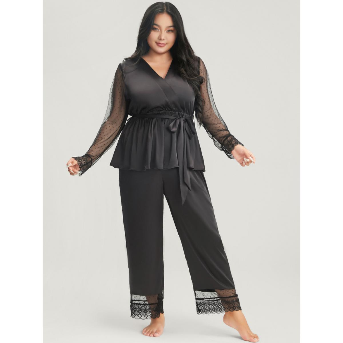 Plus Size Solid Mesh Lace Wrap Belted Pajama Set Women Black Plain Cross straps Long Sleeve V-neck Elegant Loungewear Sets BloomChic 18-20/2X Product Image