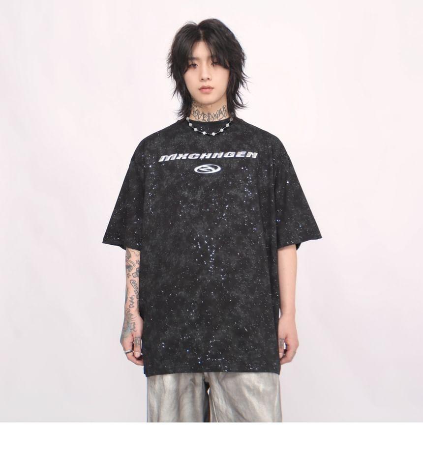 Short Sleeve Crew Neck Lettering Print Glitter T-Shirt Product Image
