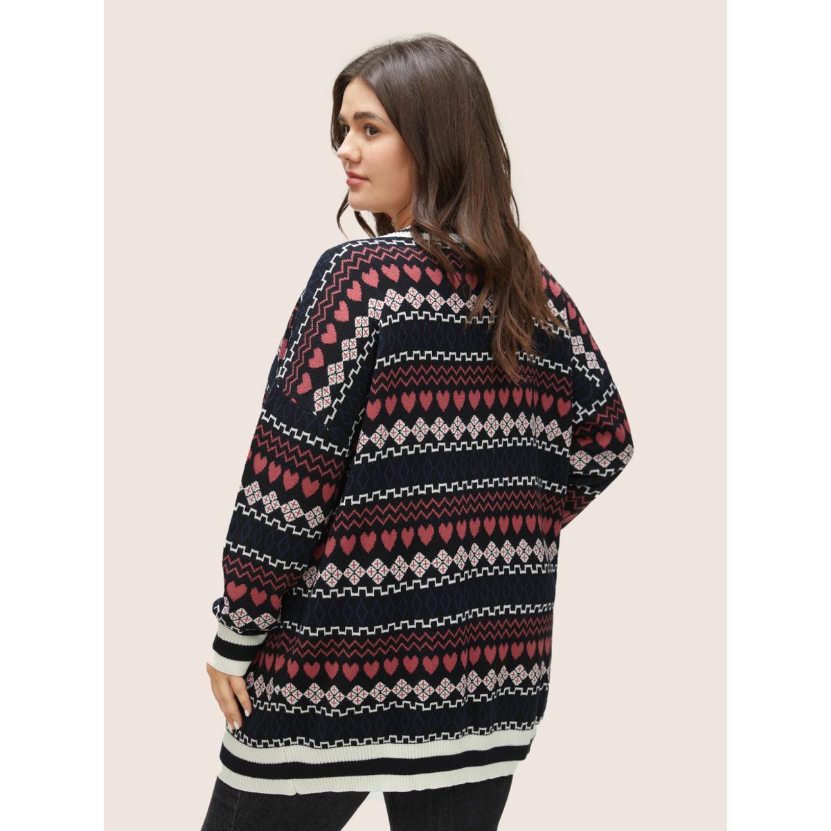 Plus Size Heart Geometric Jacquard Pocket Cardigan Black Women Casual Long Sleeve Everyday Cardigans BloomChic 10/M Product Image