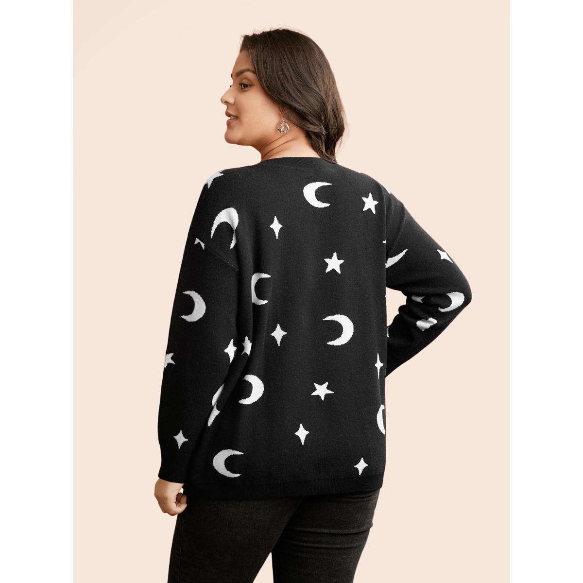 Plus Size Supersoft Essentials Celestial Jacquard V-Neck Pullover Black Women Casual Long Sleeve V-neck Everyday Pullovers BloomChic 22-24/3X Product Image