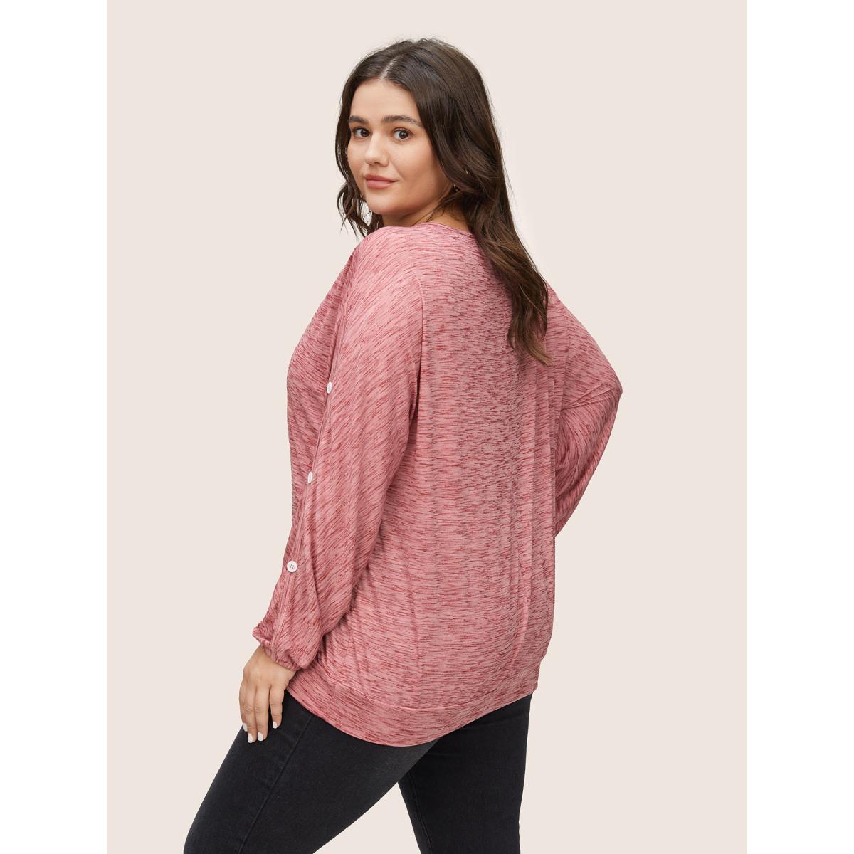 Plus Size Heather Button Detail Dolman Sleeve T-shirt Rouge Women Casual Non Plain Round Neck Everyday T-shirts BloomChic 12/L Product Image