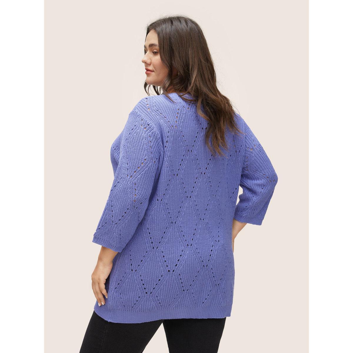Plus Size Cotton Blended Geometric Hollow Out Pullover BlueViolet Women Casual Elbow-length sleeve Round Neck Everyday Pullovers BloomChic 12/L Product Image