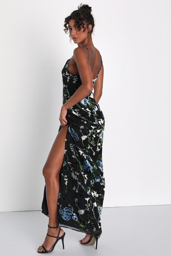Chic Romantic Black Burnout Velvet Floral Cowl Neck Dress Product Image