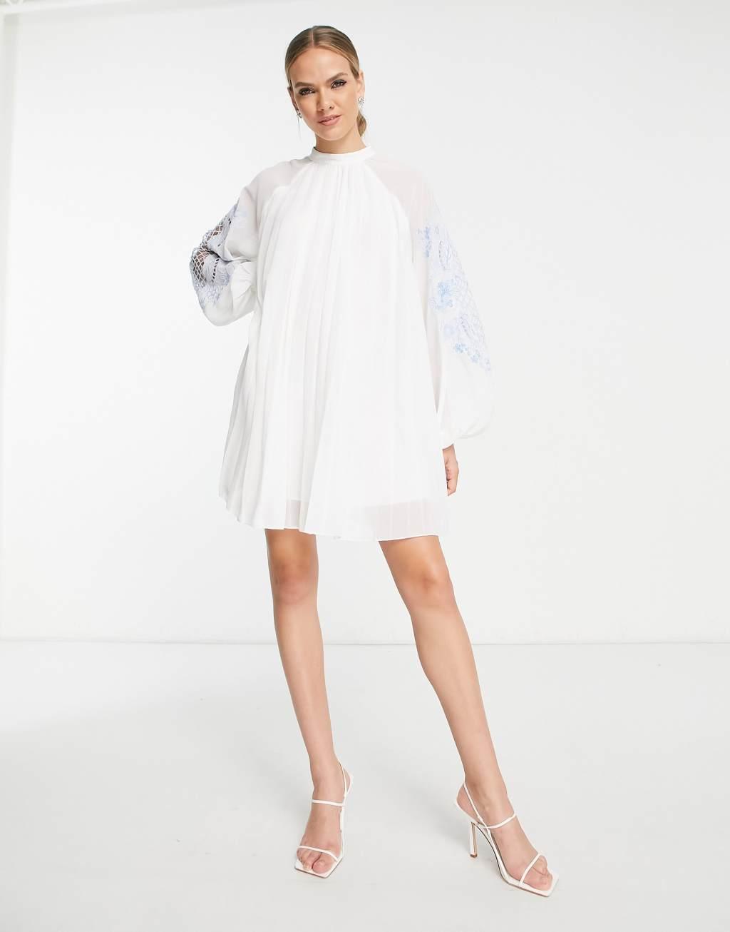 ASOS DESIGN pleated babydoll mini dress with oversized cutwork sleeve Product Image