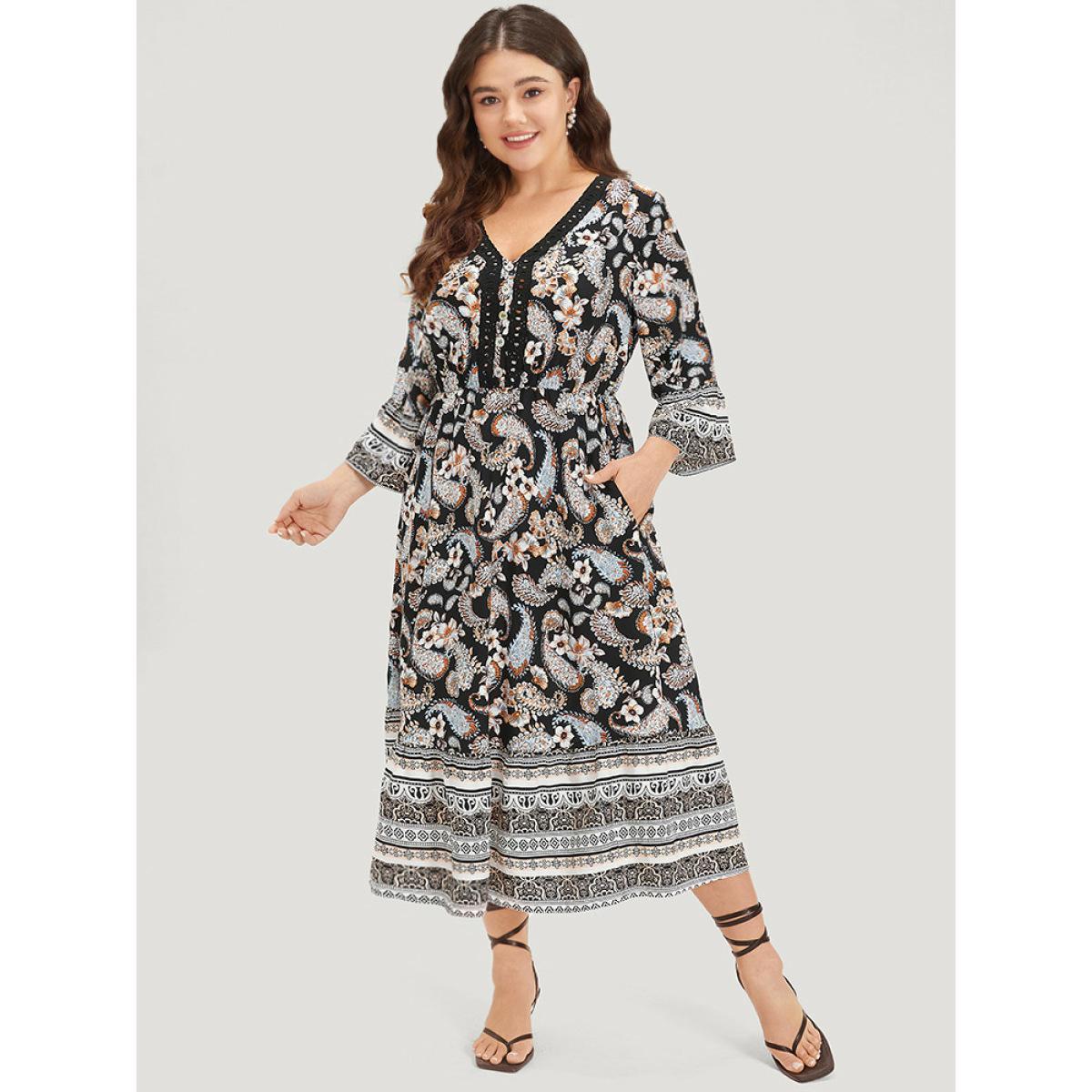Plus Size Floral & Paisley Print Elastic Waist Button Detail Dress Black Women Vacation Printed V-neck Elbow-length sleeve Curvy Midi Dress BloomChic 14-16/1X Product Image