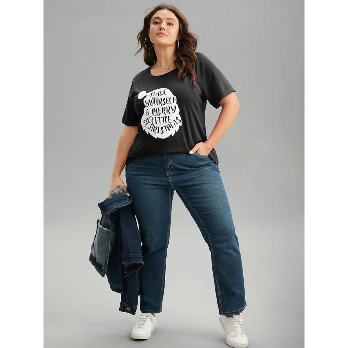 Plus Size Christmas Print Round Neck Roll Sleeve T-shirt Black Women Casual Printed Christmas Festival-Christmas T-shirts BloomChic 18-20/2X Product Image