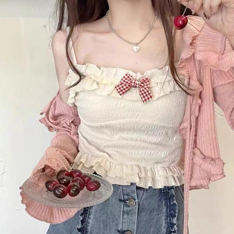 Plain Ruffle Hem Bow Camisole Top / Flared-Cuff Drawstring Ribbed Shrug Product Image