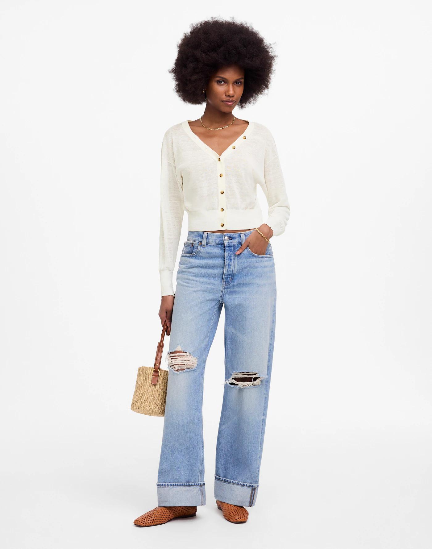 Linen-Blend V-Neck Cardigan Product Image
